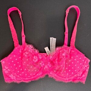 Victoria's Secret Neon Pink Coral Lace Polka Dot Underwire Bra 34B